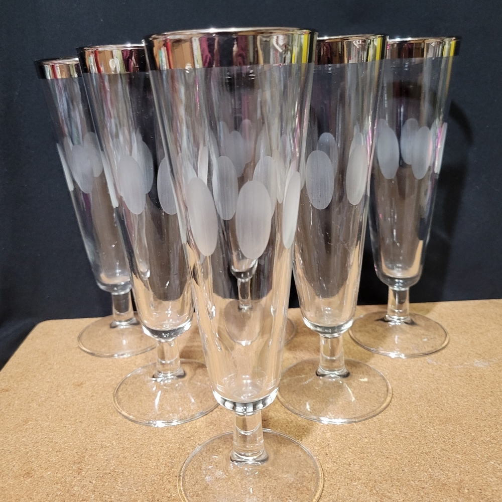 Dorothy Thorpe Set of 5 Pilsner Glasses Silver Band Etched Circles MCM Barware